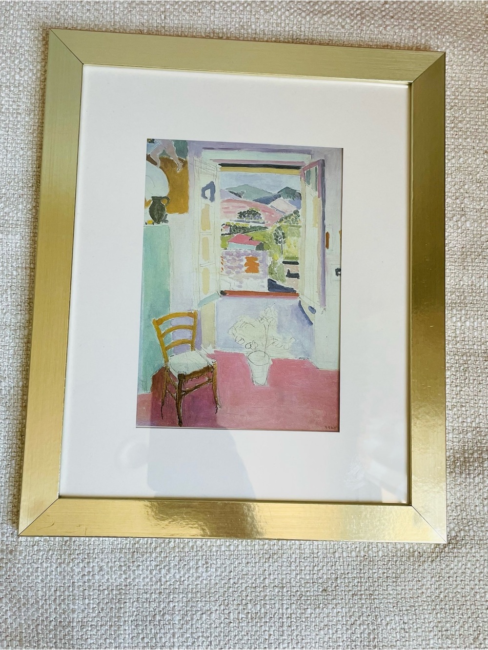 Framed Window Scene Watercolor Art Print Gold Tone Frame Pink Pastel Palette